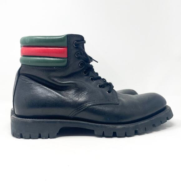 GUCCI Marland Black Leather Web Stripe Hiking Boot UK 7.5